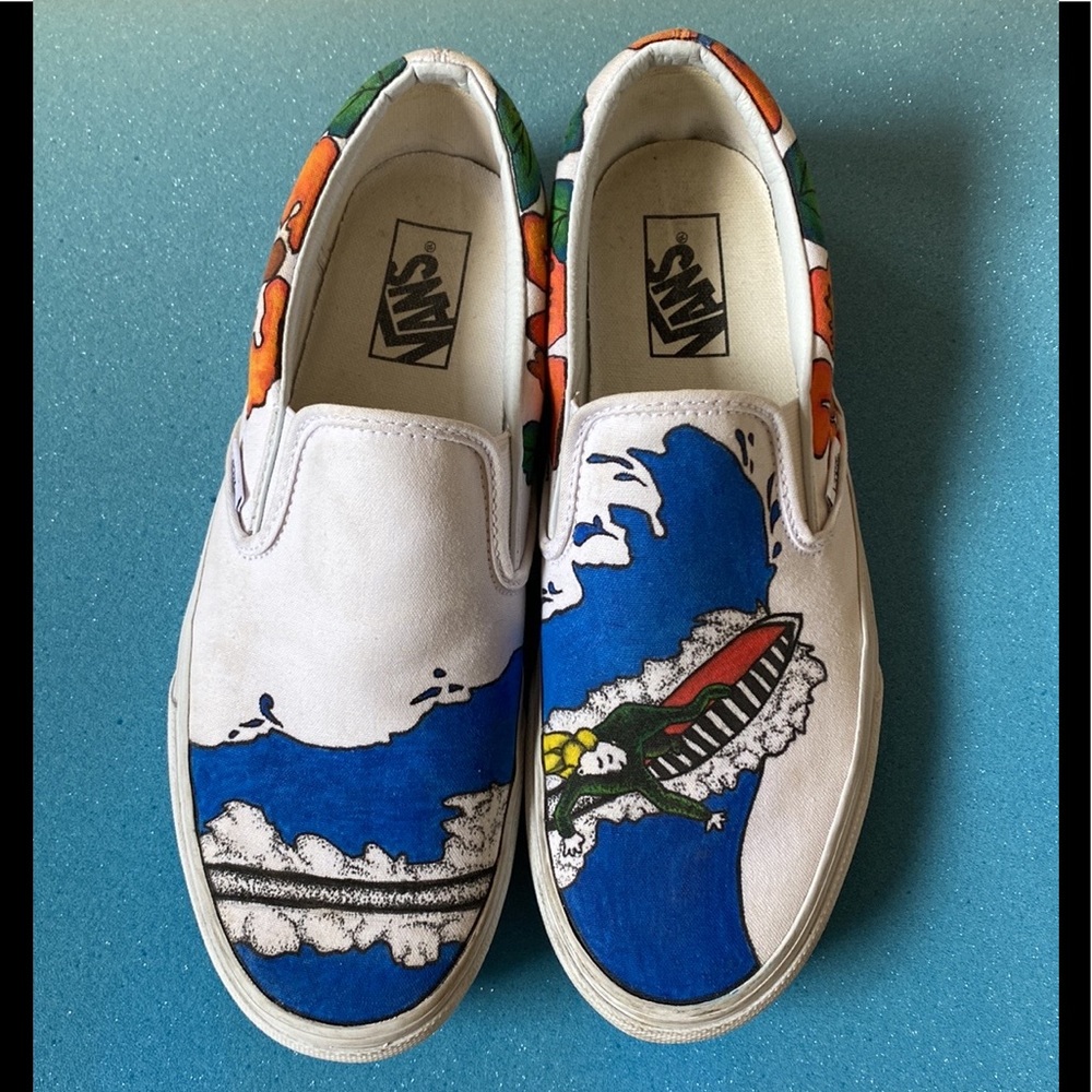 Custom artist design Vans classic slip-on Hawaiian surfboard theme One Of A Kind - Picture 2 of 12